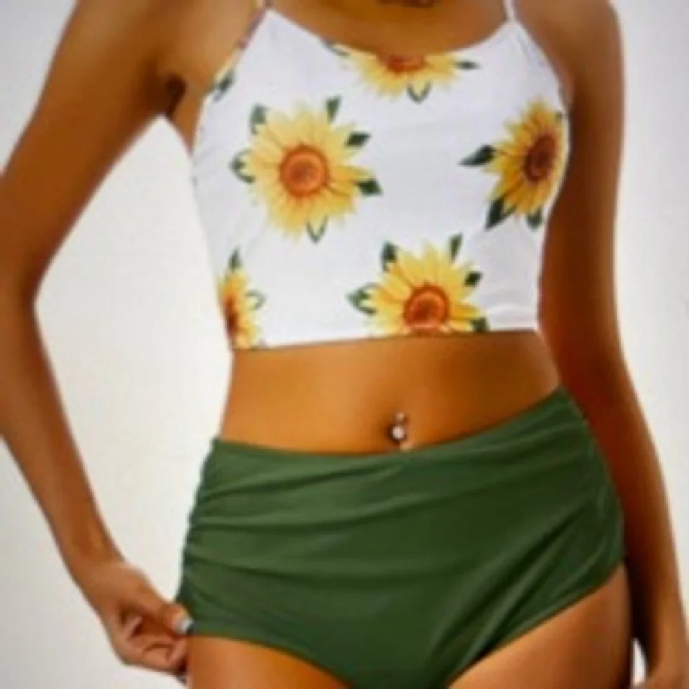 Size 12 Zaful Sunflower High Waist Tummy Control Bikini Set White Green 2383P